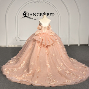 Robe de Quinceañera de luxe Xybb01-Pz rose pêche, buste drapé, corset perlé, appliques florales 3D, robe de bal scintillante Jancember - Product Image 6