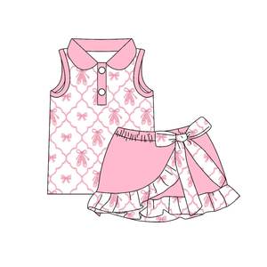 Conjunto de Falda y Blusa sin Mangas para Niña, Modelo GSD3726, con Estampado de Lazos Rosas, Estilo Activo, Venta al Por Mayor - Product Image 1