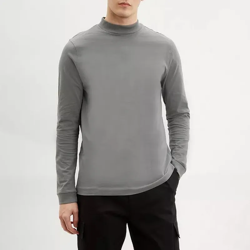 Inexpensive Wholesale Men T-shirt High Round Neck Long Sleeves Custom Solid Color Men Leisure Tee