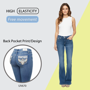 Jean évasé élastique taille haute pour femmes rondes, contrôle du ventre, idéal pour les voyages et les sorties, livraison locale, best-seller - Product Image 1