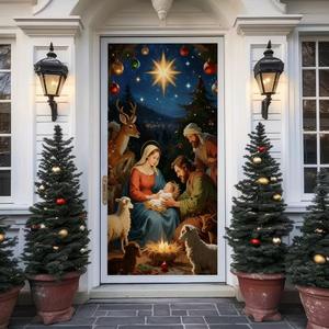Tapisserie de porte de Noël, motif Père Noël, livraison de cadeaux, toile de fond en polyester, motif personnalisé, décoration murale pour fête de fin d'année - Product Image 4