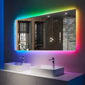 חדש להגיע rgb הוביל מראה מגע חכם חיישן אנטי ערפל bluetetooth קיר אמבטיה עם תאורה אחורית הוביל מראה עם אורות