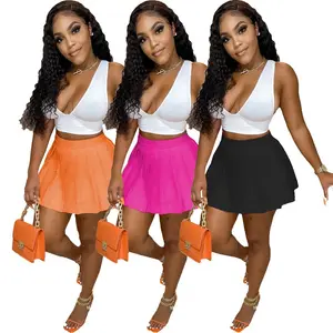 LvCong Hot 2023 summer school girls solid color V-neck hollow out top pleated mini short skirt 2 pieces suit