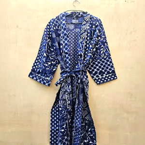 Kimono ample en lin et coton imprimé indigo pour femme, robe, cardigan, chemise de plage, cache-maillot de bain sexy, tenue d'été - Product Image 1