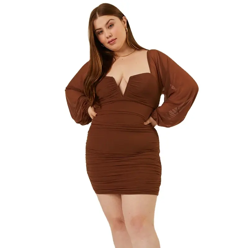 Fashion custom elegant women deep v neck ruched bodycon long puffed sleeve plus size bodycon dress