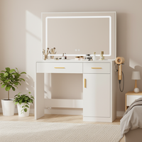 Moderner Holz-Schminktisch 35,4 Zoll mit LED-Spiegelbeleuchtung, Ladestation, 2 Schubladen und großem Schrank