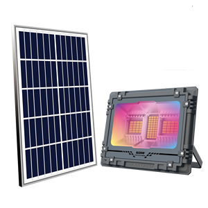 ไฟสปอร์ตไลท์ LED พลังงานแสงอาทิตย์ 60W ตัวเรือนอะลูมิเนียม IP65 แสงสี RGB สำหรับสวนภายนอกอาคาร ติดตั้งบนพื้นผิว พร้อมรีโมทคอนโทรล - Product Image 1