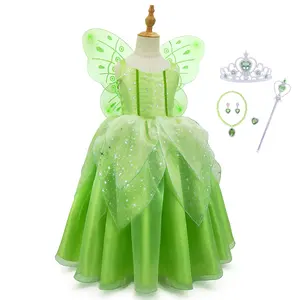 RTS Hot Sale Kids Tinkerbell Costumes Fairy Green Costume Tinkerbell Princess Green Dress For Baby Girls