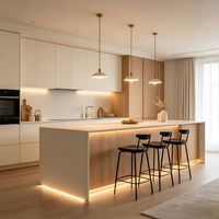 Ensemble de meubles de cuisine minimalistes sans poignées avec rétroéclairage LED et îlot cascade intégré