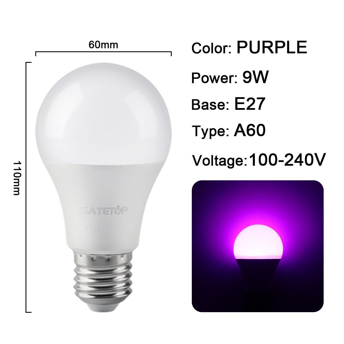 A60 9W E27 Púrpura