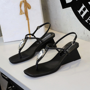 Sandales compensées géométriques chic pour femme, décorées de cristaux, à lanières, bout carré, sexy, pour soirée, chaussures d'été - Product Image 4