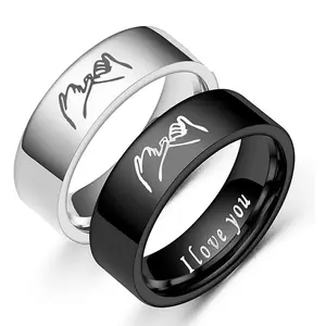 Hadiah Hari Valentine Wanita Pria Persahabatan, Baja Nirkarat Berlapis Perak Hitam Kustom <span class=keywords><strong>Pinky</strong></span> Dapat Diukir Cincin Janji untuk Pasangan - Product Image 1