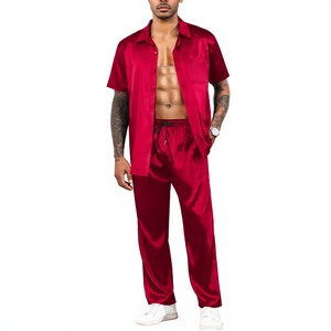 Ensemble deux pièces pour homme, mode été, chemise et pantalon décontractés en tricot respirant, couleurs unies - Product Image 1