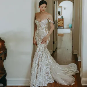 13884# Sexy Strapless Mermaid Wedding Dress Fashion 2022 Appliques Cap Sleeve Off Shoulder Bridal Gown Zipper Sweep Train