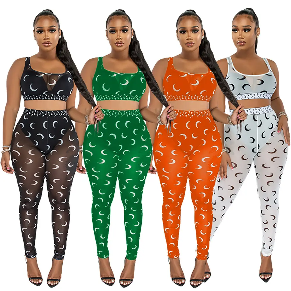 Women Sexy Moon Print Sheer Mesh Two Piece Set Club Suit Tank Crop Top Leggings Pants Party Nightclub Tracksuit Outfits