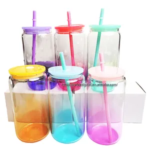 Vente en gros 16 oz 16 oz Ombre Gelée de couleur dégradé clair bricolage personnalisé verre de sublimation peut avec couvercles en plastique de couleur et de la paille