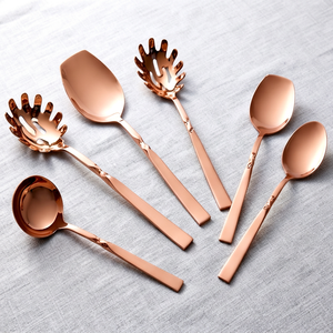 Modern <b>Rose</b> <b>Gold</b> Flatware Set With High <b>Mirror</b> Polish Dishwasher Safe Serving Spoons And Salad Servers - Product Image 1