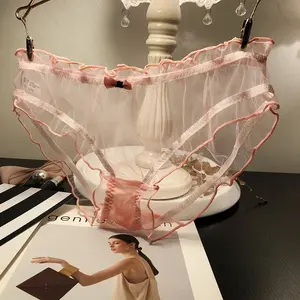 Mutandine Sexy Trasparenti da Donna con Fiocco Rosa, Slip in Cotone, Biancheria Intima Femminile Traspirante in Rete con Bordi Ondulati e Dettagli Traforati - Product Image 2
