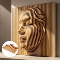 Sculpture murale en bois paramétrique Wabi Sabi, visage abstrait 3D à lattes, panneaux de bois minimalistes pour entrée de spa ou d'hôtel