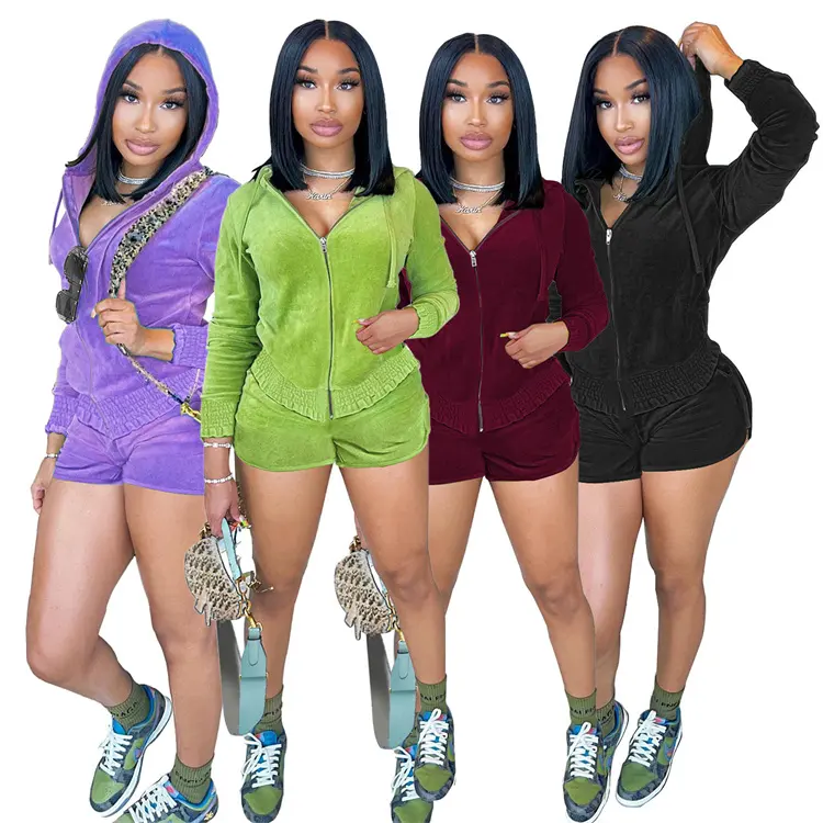 Velour 2 Piece Shorts Set Zip Up Jacket Hoodie Two Pieces Streetwear Jogger Set Fall 2022 Women Clothes