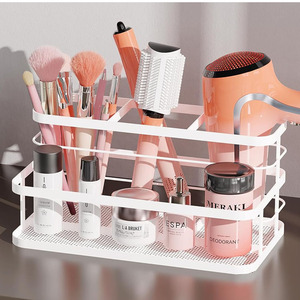 Support <span class=keywords><strong>mural</strong></span> adhésif en métal pour sèche-<span class=keywords><strong>cheveux</strong></span> et produits de soin, avec rangement pour brosses - Product Image 1