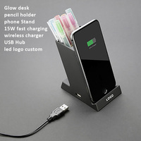 Gadgets technologiques 3 en 1 Organisateur de bureau Logo LED personnalisé Porte-stylo Téléphone Charge rapide 15W Support Chargeur sans fil
