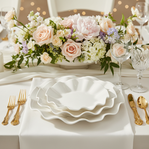 2026 Irregular Shape <strong>White</strong> Glaze Ceramic <strong>Dinner</strong> Plate <strong>Set</strong> Decorative Ruffled Ceramic Charger Plate <strong>Set</strong> for Wedding Event - Product Image 5