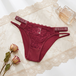 Culotte de bikini en dentelle florale tricotée pour femme, respirante, taille mi-haute, sous-vêtement sexy avec ceinture imprimée LOVE en strass, lingerie intime - Product Image 2