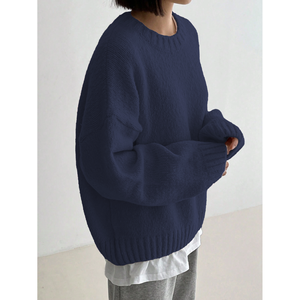 Pull ample à col rond et épaules tombantes pour femme, bleu marine, tricoté, manches longues, tenue décontractée - Product Image 1