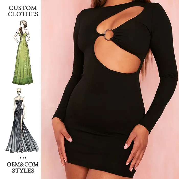 Kadın elbise 2024 seksi olgun kadın elbise siyah krep halka detay uzun kollu Bodycon Mini elbise kesip