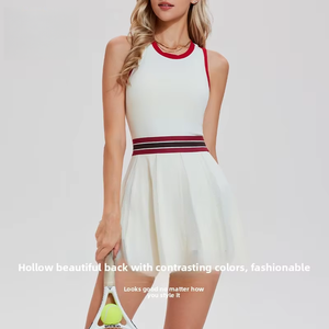 Vestido de tenis a rayas sin mangas para mujer, con cintura elástica y dobladillo esponjoso, transpirable, ajustado, para golf y uso diario, efecto ilusión. - Product Image 1