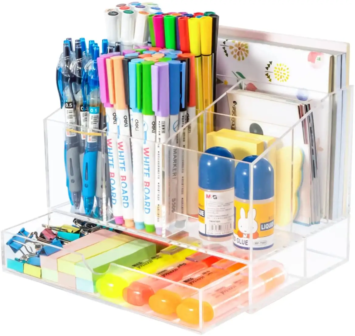 Clear Acrylic Pen Organizer, Multi-Functional Desk Pen Holder Stationery Storage Case with 7 Compartment, 1 Bottom Drawer