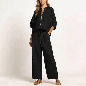 Ensemble décontracté pour femme, couleur unie, col rond zippé, pantalon large, tailles XS S M L XL XXL XXXL 4XL 5XL - Product Image 2