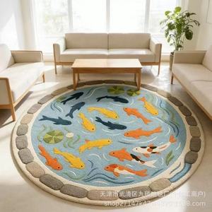 Alfombra redonda de imitación de cachemira con forma de estanque Koi, antideslizante, para sala de estar, dormitorio, decoración del hogar, alfombra para el suelo - Product Image 2