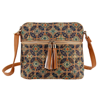 Tas bentuk cangkang Bohemian untuk wanita dengan bahan gabus cetakan bunga dan rumbai gaya antik tas selempang kustom tersedia