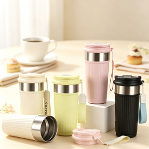 แก้วกาแฟแบบพกพา 600 มล. ลายทางแนวตั้ง สแตนเลสสตีล พร้อมสายคล้องคอ ผนังสองชั้นสุญญากาศ เก็บอุณหภูมิ - Product Image 1