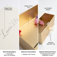 Maßgefertigte Weiße Minimalistische Magnetverschluss-Klappbox Luxus-Geschenkbox mit Goldinnenraum Hochzeits-Schmuck Markenverpackungsbox