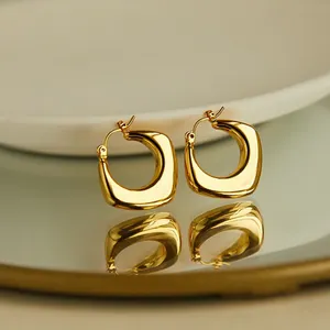 French 18K PVD Gold Plated Stainless Steel Waterproof Jewelry Trendy Fashion Geometric Hollow Statement Hoop Earrings For Women