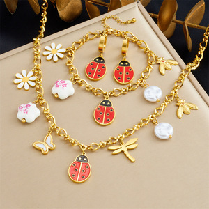 Fashion Jewelry <b>Set</b> Stainless Steel Ladybug Butterfly Dragonfly Insect Charm Women's Necklace <b>Bracelet</b> Earrings <b>Set</b> - Product Image 1