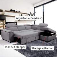 Canapé-lit sectionnel en L avec fonction de sommier escamotable, appui-tête réglable et ottoman de rangement – Vente directe usine