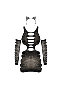 Kostum Wanita Kucing Halloween Set Lingerie Babydoll Tipis Berenda Hitam Robek dengan Sarung Tangan Ramah Lingkungan - Product Image 4