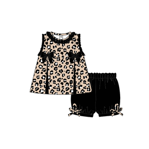 Ensemble 2 pièces pour filles en soie de lait imprimé léopard, haut sans manches à volants, short noir, vêtements d'été pour enfants, OEM - Product Image 1