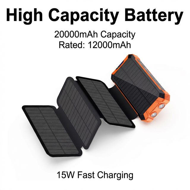 20000mAh Foldable Solar Power Bank 4 Panels 6W Wireless Charger 10W Fast Charging Portable Solar Battery Pack with LED Light