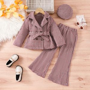 Caldo <span class=keywords><strong>ragazze</strong></span> Plaid berretto e abbigliamento Set 3 pezzi giacca Plaid cappotto e pantaloni a zampa di elefante vestito per le <span class=keywords><strong>ragazze</strong></span> - Product Image 3