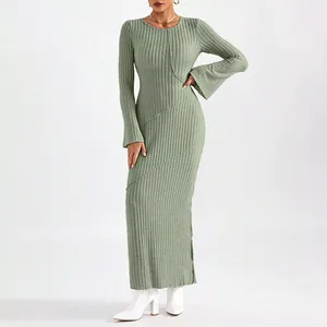 OEM 의류 제조업체 맞춤형 플레어 긴 소매 bodycon 리브 니트 드레스 여성 겨울 가을 맥시 스웨터 드레스