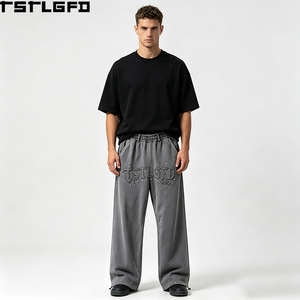 Oem Odm Studded Embroidered Sweatpants Heavyweight <b>Grey</b> Acid Wash Gothic Logo Wide Leg Baggy Trousers Wholesale Bulk - Product Image 1