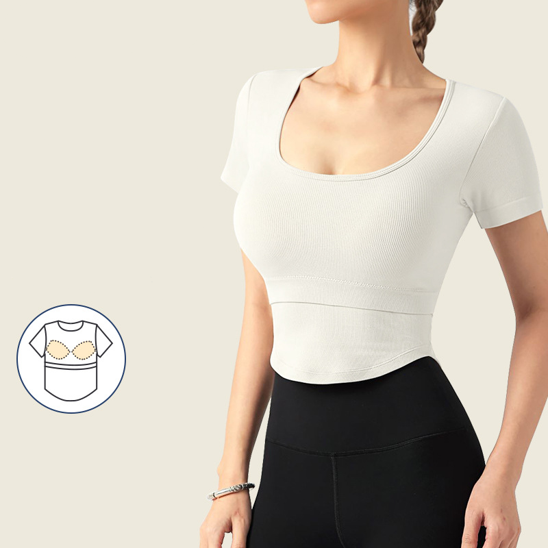 Skin Tight Womens Hollow Beautiful Back Leisure Sports Short Sleeves Short Yoga T-shirt With Chest Pad