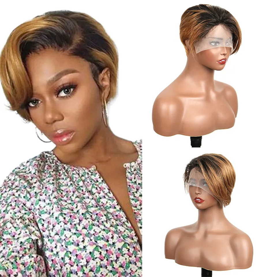 Wholesale pixie Cut Human Hair Deep Partline Lace Frontal Wig 1B30 Short 6 Inch Curly Bob Pre-Plucked Brazilian Remy Virgin Hair