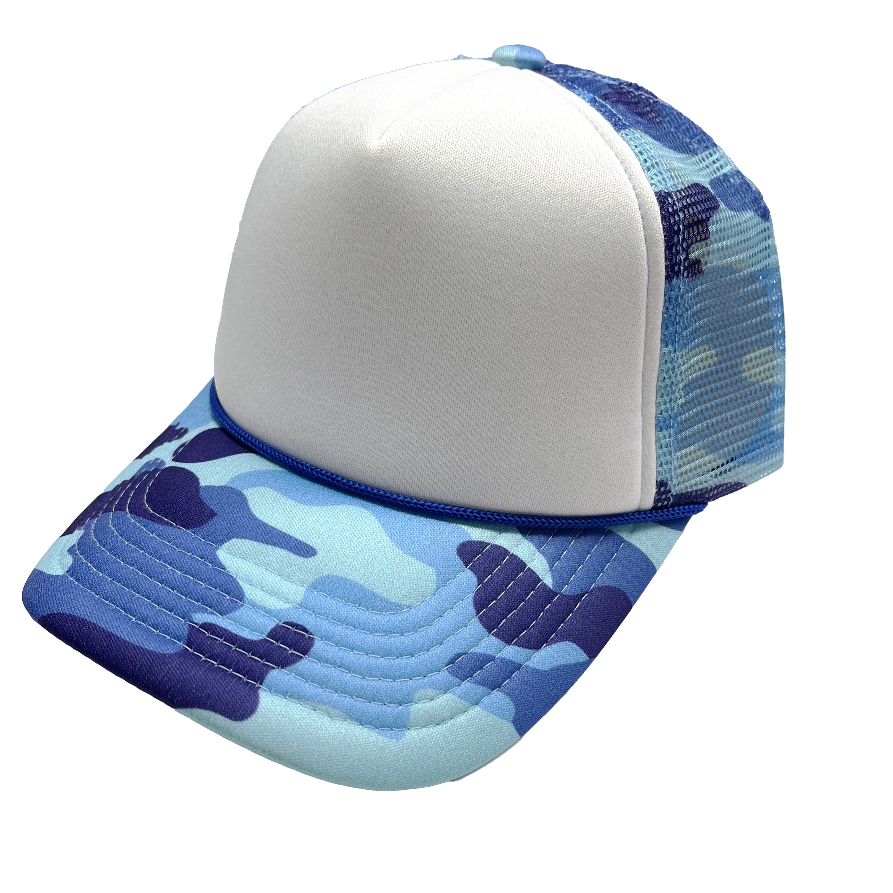 Hn0002r Op Maat Gemaakte Kwaliteit Bedrukte Golfzon 5 Paneel Paars Blauw Camouflage Blanco Caps Schuim Effen Mesh Trucker Hoed