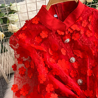 Robe midi élégante WIWT à col montant et manches longues, ornée d'appliques florales 3D, coupe trapèze, avec ceinture, idéale pour les tenues décontractées, les fêtes et le quotidien.